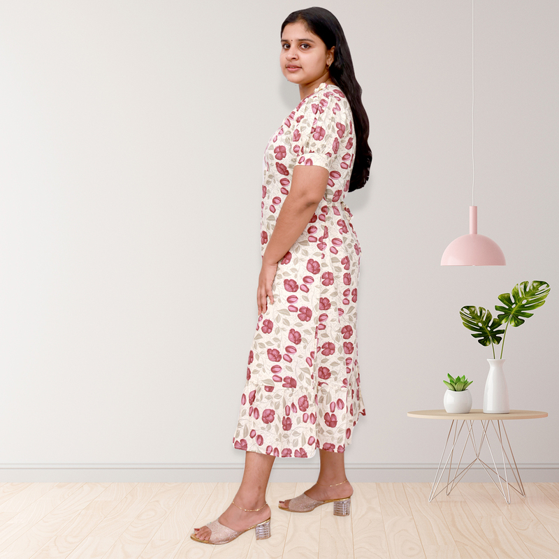 Riya premium reyon printed frock top - white with pink floral print Riya premium reyon printed frock top - white with pink floral print