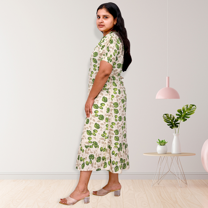 Riya premium reyon printed frock top - white with green floral print Riya premium reyon printed frock top - white with green floral print