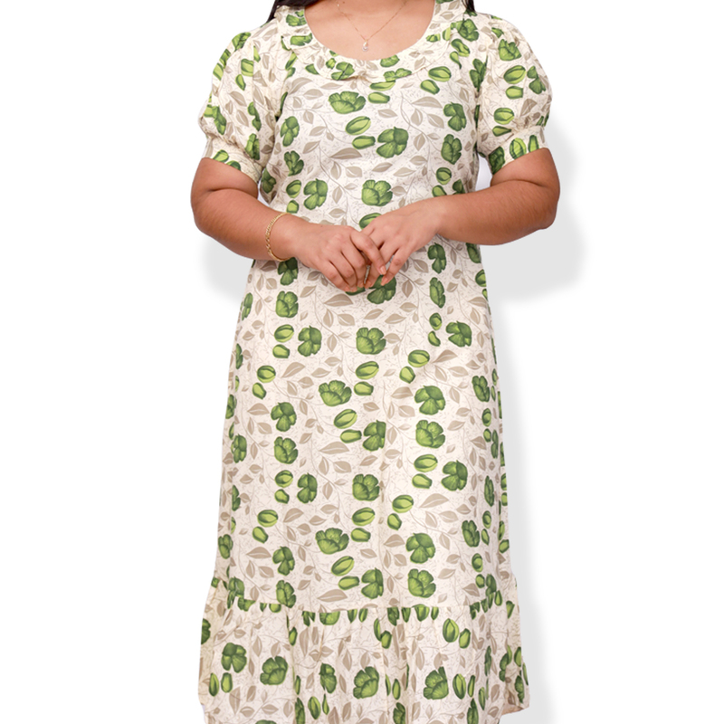 Riya premium reyon printed frock top - white with green floral print Riya premium reyon printed frock top - white with green floral print
