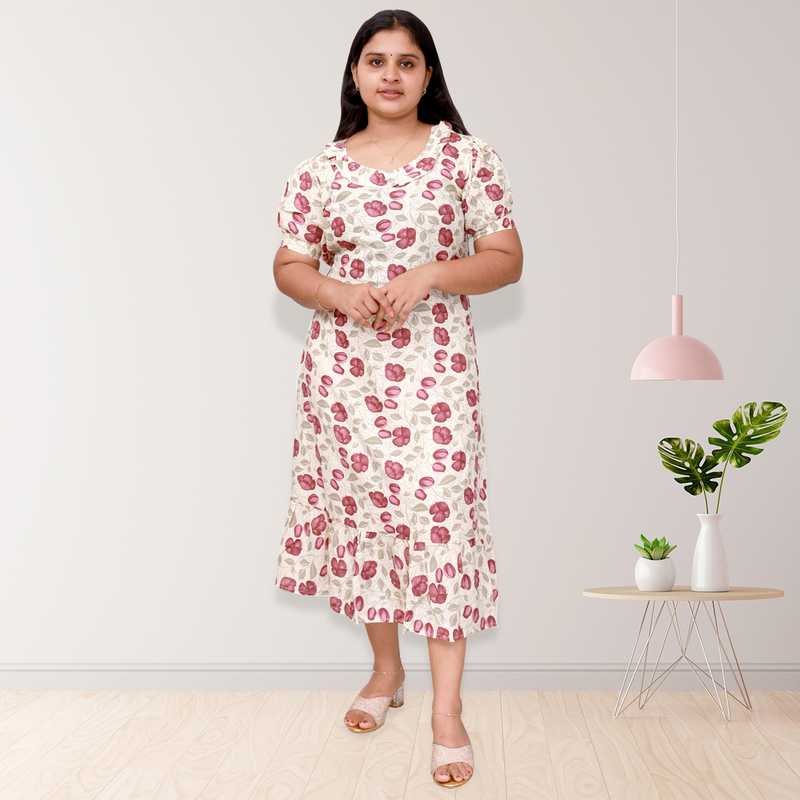 Riya premium reyon printed frock top - white with pink floral print Riya premium reyon printed frock top - white with pink floral print