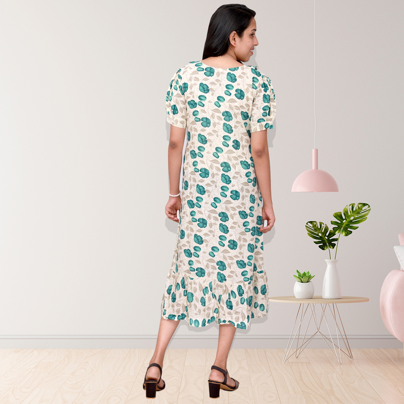 Riya premium reyon printed frock top - white with teal floral print Riya premium reyon printed frock top - white with teal floral print