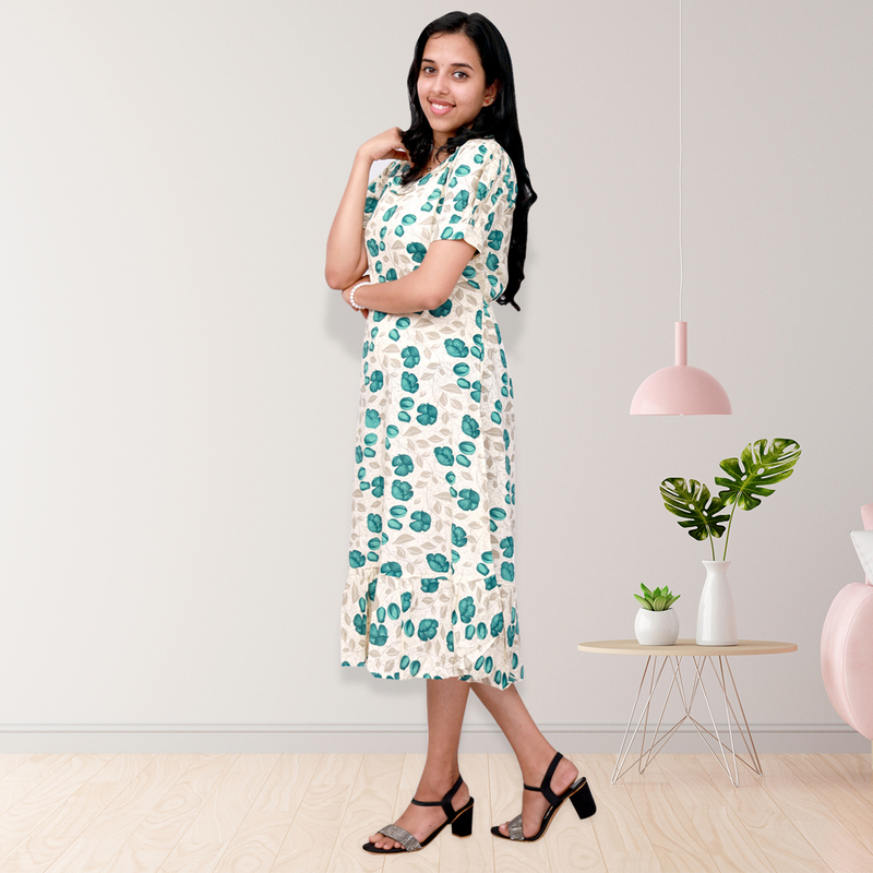Riya premium reyon printed frock top - white with teal floral print Riya premium reyon printed frock top - white with teal floral print