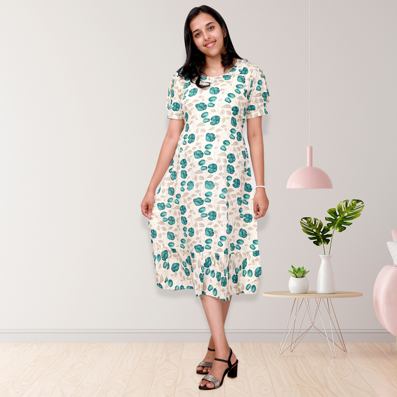 Riya premium reyon printed frock top - white with teal floral print Riya premium reyon printed frock top - white with teal floral print