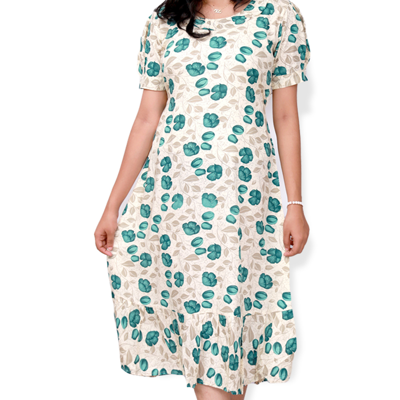 Riya premium reyon printed frock top - white with teal floral print Riya premium reyon printed frock top - white with teal floral print