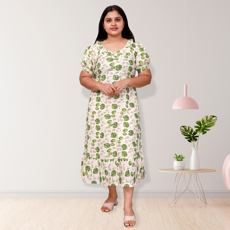 Riya premium reyon printed frock top - white with green floral print Riya premium reyon printed frock top - white with green floral print