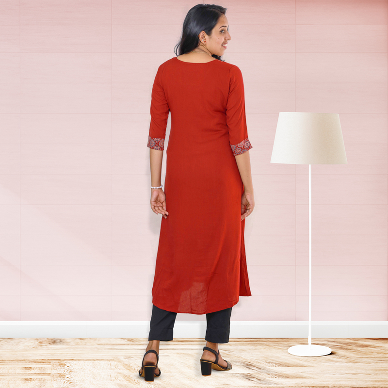 Anjali wrinkled rayon top with ajrakh cotton floral patch - red Anjali wrinkled rayon top with ajrakh cotton floral patch - red