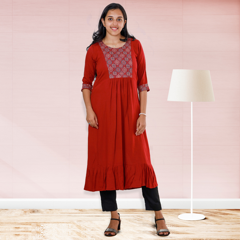 Anjali wrinkled rayon top with ajrakh cotton floral patch - red Anjali wrinkled rayon top with ajrakh cotton floral patch - red