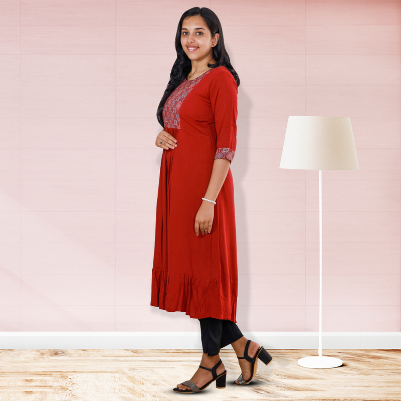 Anjali wrinkled rayon top with ajrakh cotton floral patch - red Anjali wrinkled rayon top with ajrakh cotton floral patch - red
