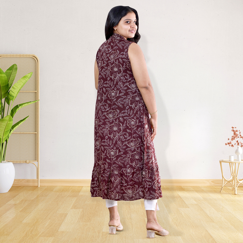 Angel feeling foil printed sleeveless A- line maroon floral top