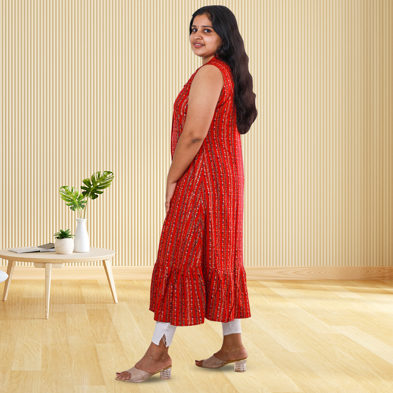 Angel feeling foil printed sleeveless red striped A- line top