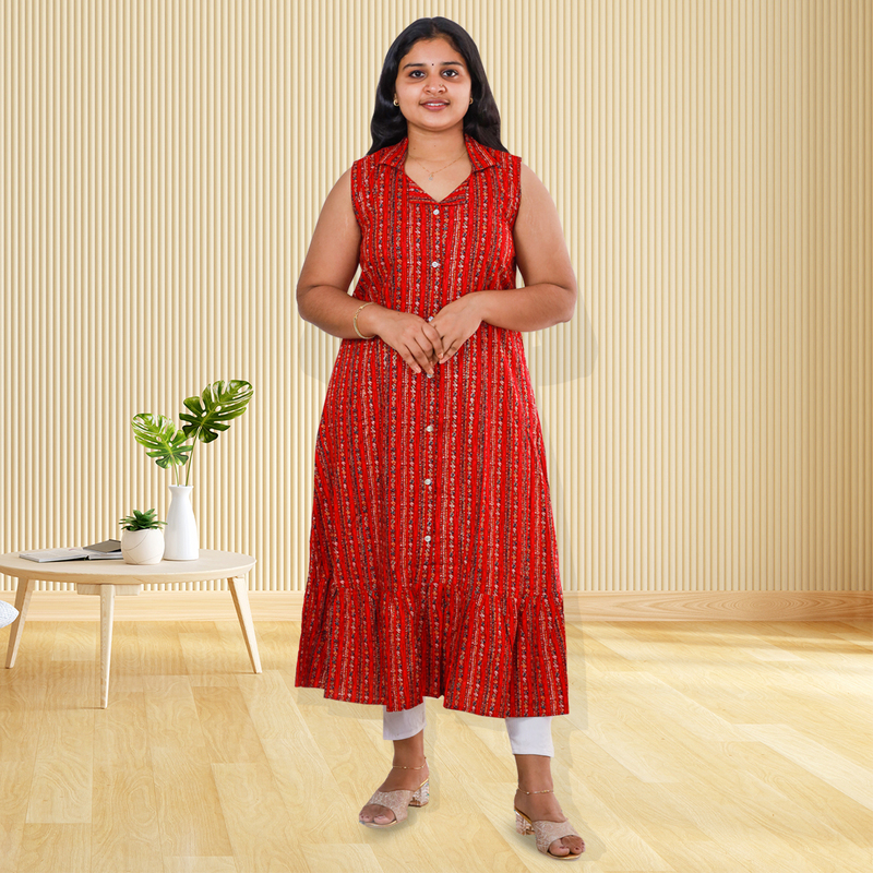 Angel feeling foil printed sleeveless red striped A- line top