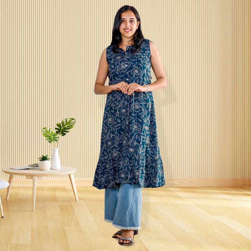 angel feeling foil printed sleeveless A- line blue floral top angel feeling foil printed sleeveless A- line blue floral top