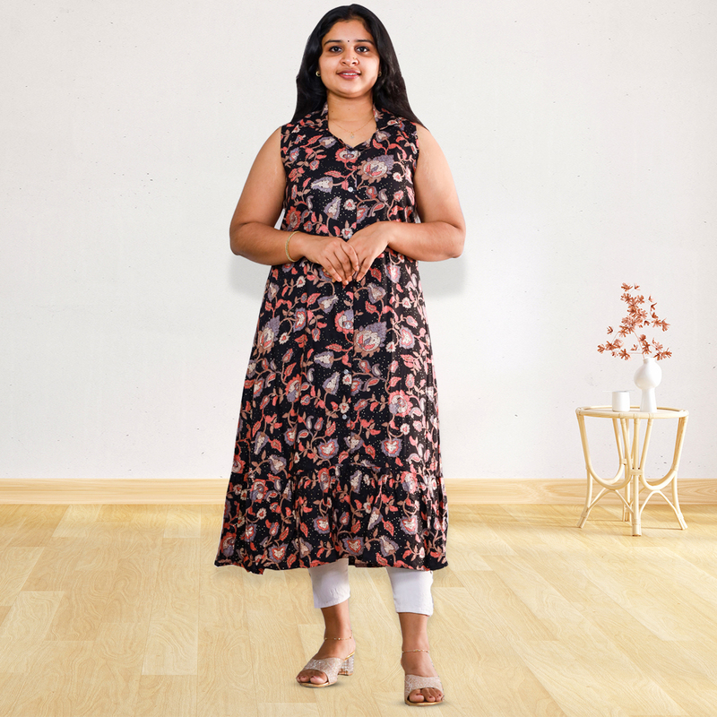 angel feeling foil printed sleeveless A- line black with peach floral top angel feeling foil printed sleeveless A- line black with peach floral top