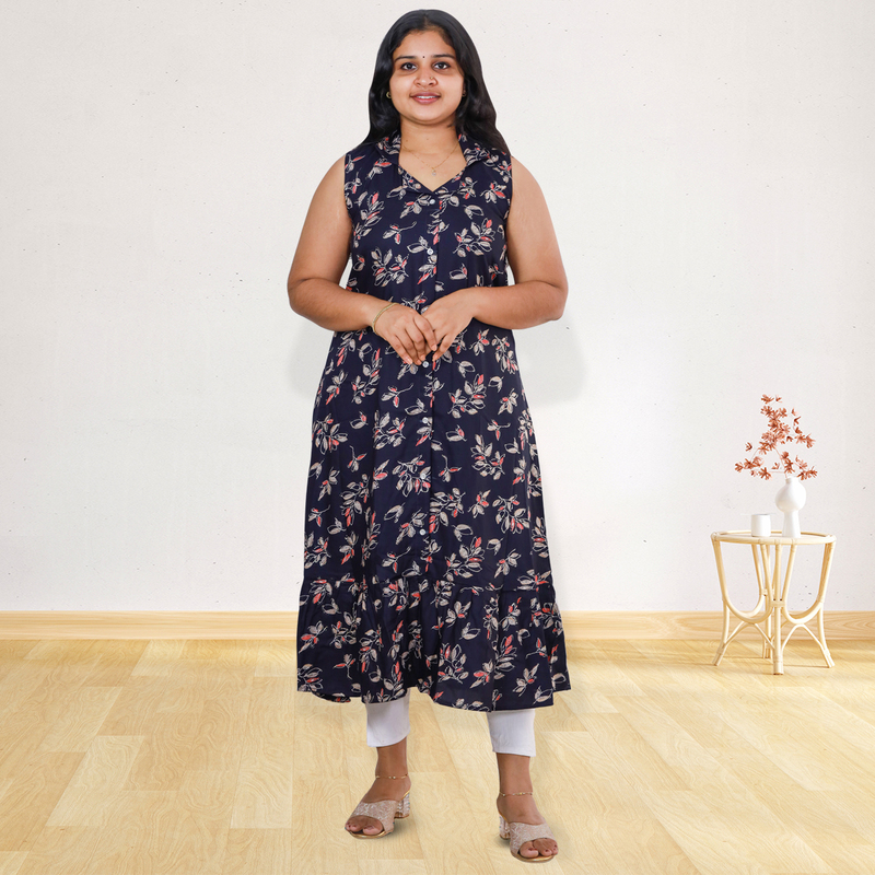 Angel feeling foil printed sleeveless A- line navy blue with floral top Angel feeling foil printed sleeveless A- line navy blue with floral top