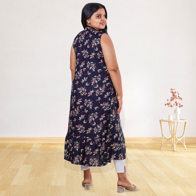Angel feeling foil printed sleeveless A- line navy blue with floral top Angel feeling foil printed sleeveless A- line navy blue with floral top