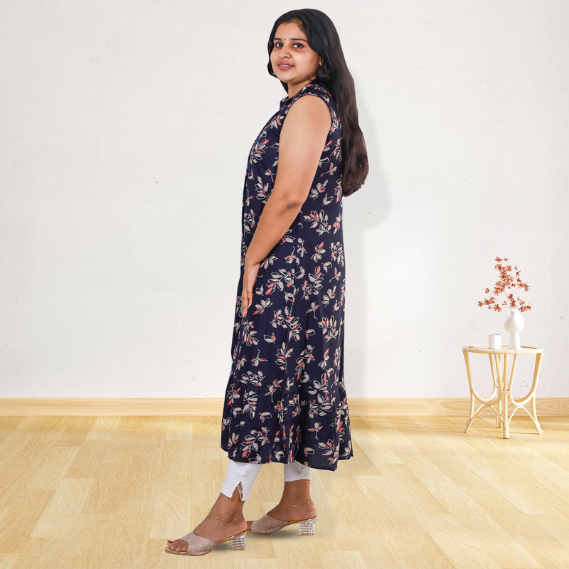 Angel feeling foil printed sleeveless A- line navy blue with floral top Angel feeling foil printed sleeveless A- line navy blue with floral top