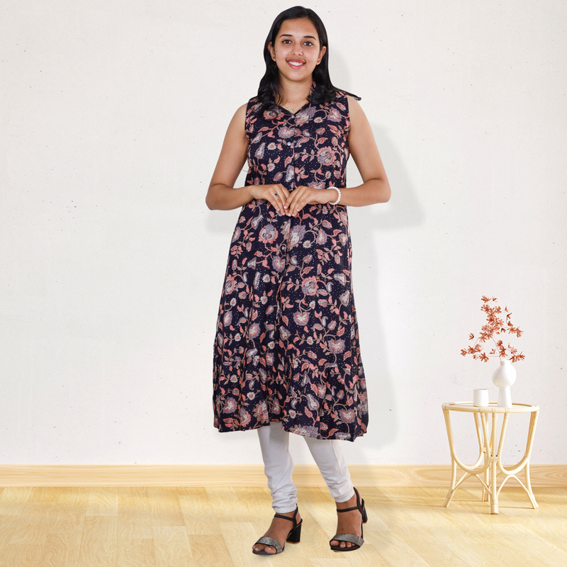 Angel feeling foil printed sleeveless A- line purple floral top