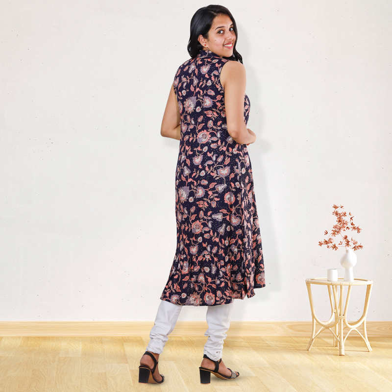 Angel feeling foil printed sleeveless A- line purple floral top