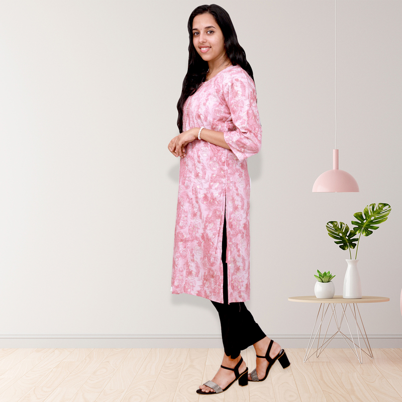 princess feeling foil printed side slit Light Pink Floral Top princess feeling foil printed side slit Light Pink Floral Top