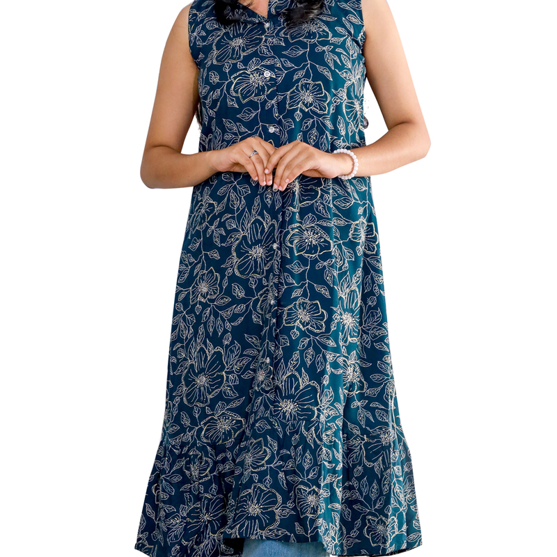 Angel feeling foil printed sleeveless A- line blue floral top Angel feeling foil printed sleeveless A- line blue floral top