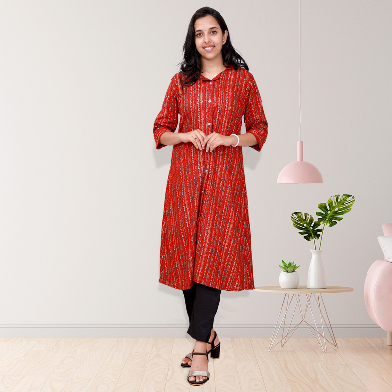 Aami Feeling Foil "A" Line Brick Red with Striped Top Aami Feeling Foil "A" Line Brick Red with Striped Top