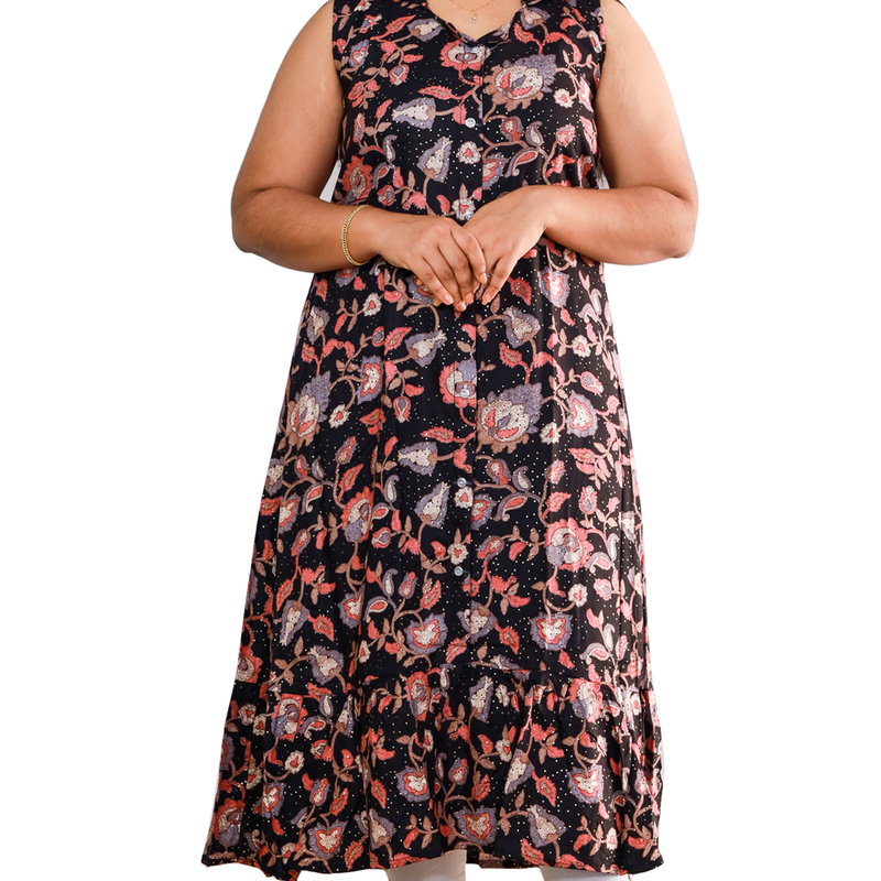 Angel feeling foil printed sleeveless A- line black with peach floral top Angel feeling foil printed sleeveless A- line black with peach floral top
