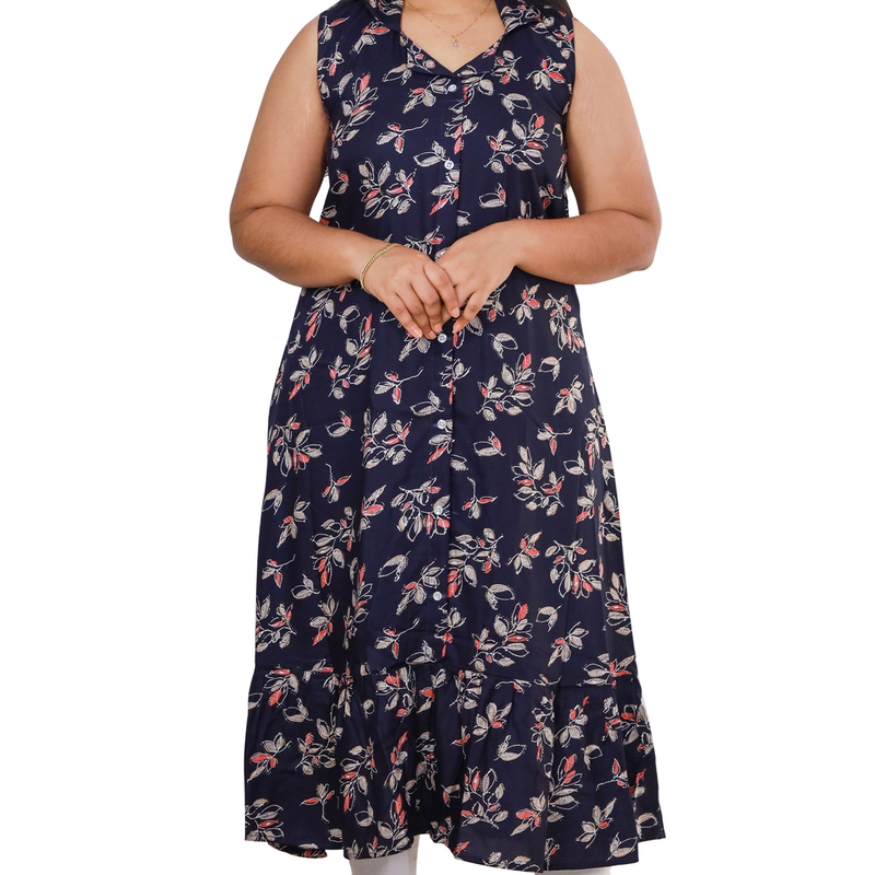 Angel feeling foil printed sleeveless A- line navy blue with floral top Angel feeling foil printed sleeveless A- line navy blue with floral top