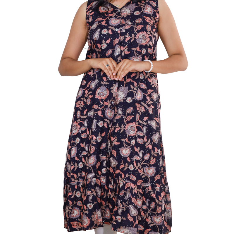 Angel feeling foil printed sleeveless A- line purple floral top