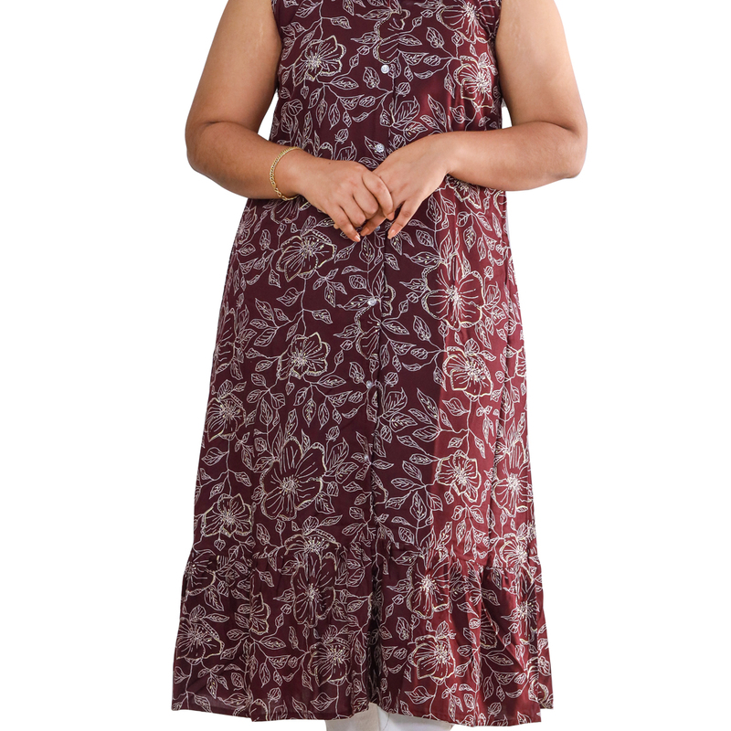 Angel feeling foil printed sleeveless A- line maroon floral top