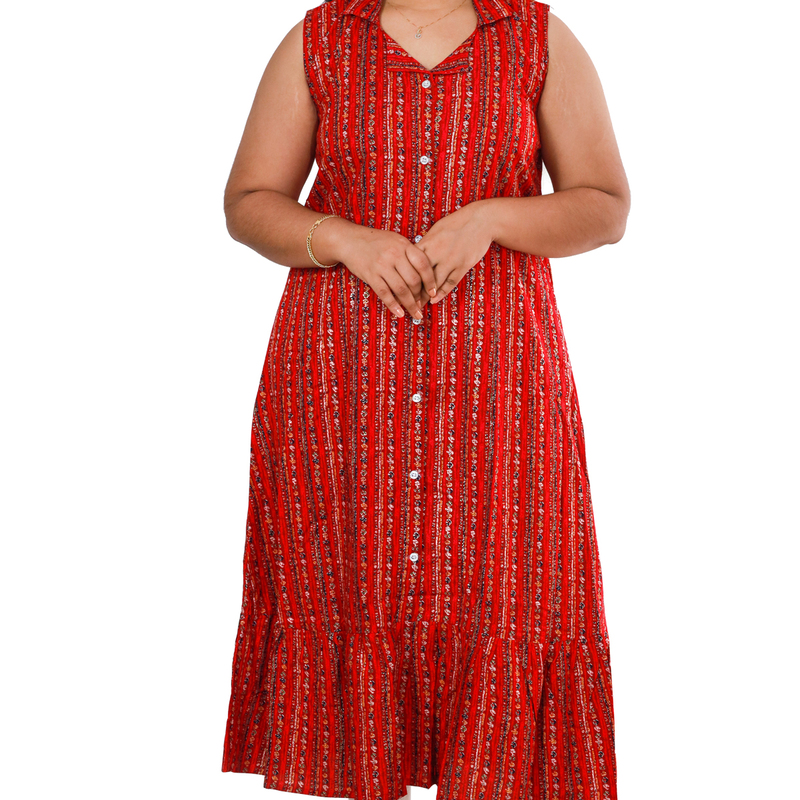 Angel feeling foil printed sleeveless red striped A- line top