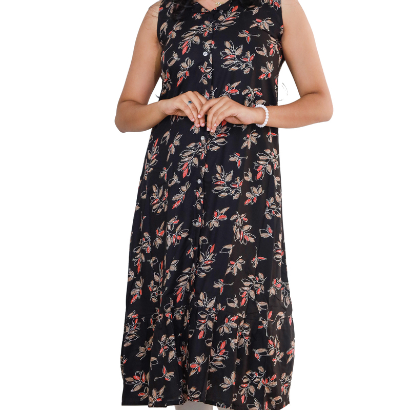 Angel feeling foil printed sleeveless A- line black with light floral top Angel feeling foil printed sleeveless A- line black with light floral top