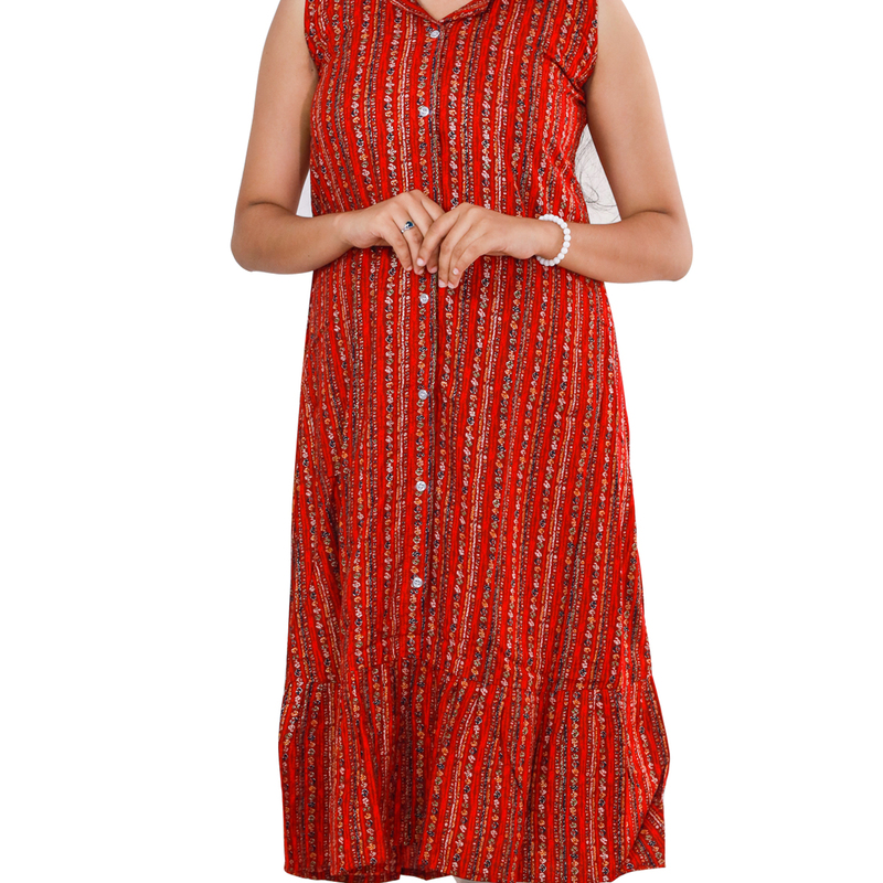 Angel feeling foil printed sleeveless red striped with orange A- line top Angel feeling foil printed sleeveless red striped with orange A- line top