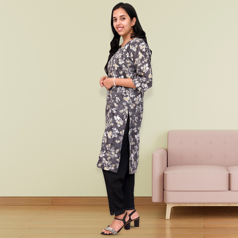Princess feeling foil printed side slit dark grey floral top