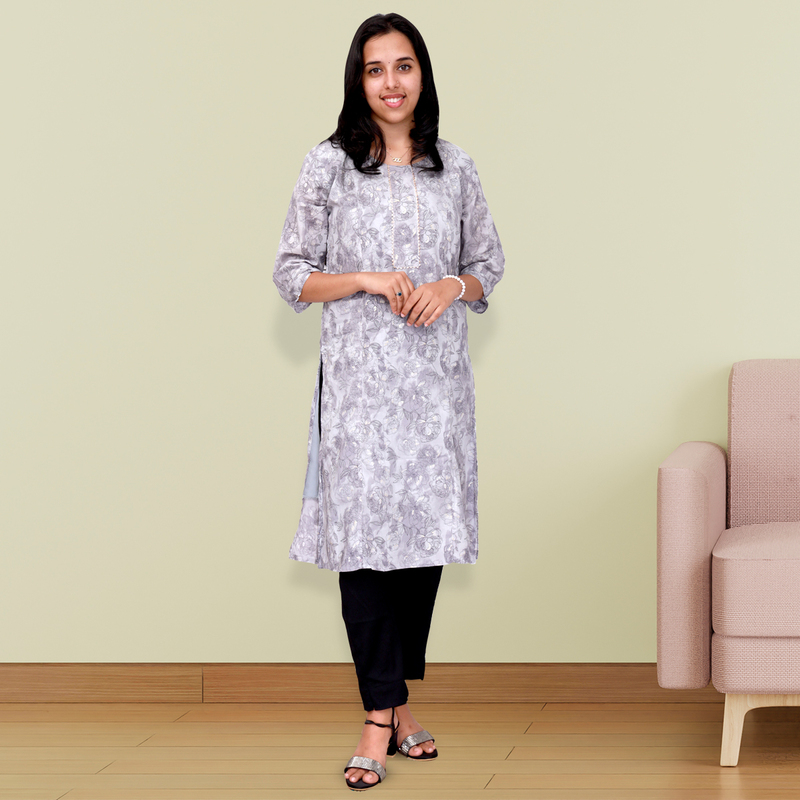 princess feeling foil printed side slit grey floral top princess feeling foil printed side slit grey floral top