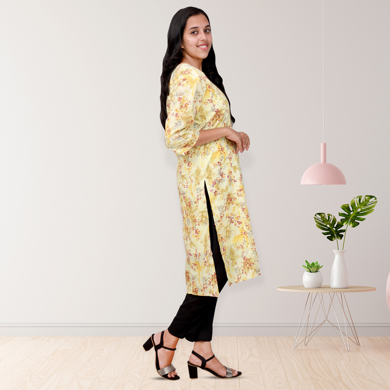 princess feeling foil printed side slit Yellow Floral Top princess feeling foil printed side slit Yellow Floral Top