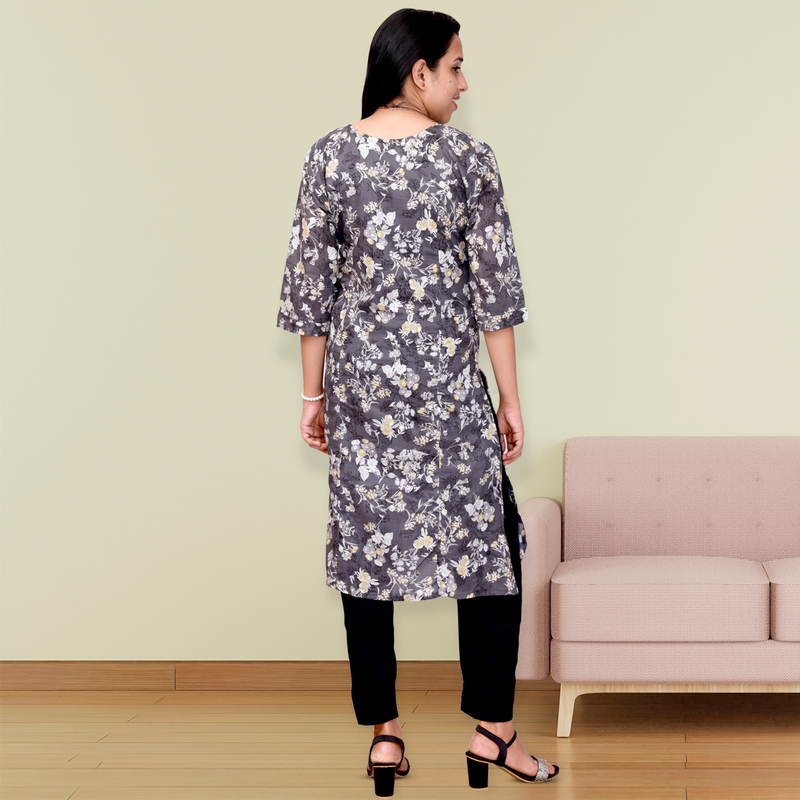 Princess feeling foil printed side slit dark grey floral top