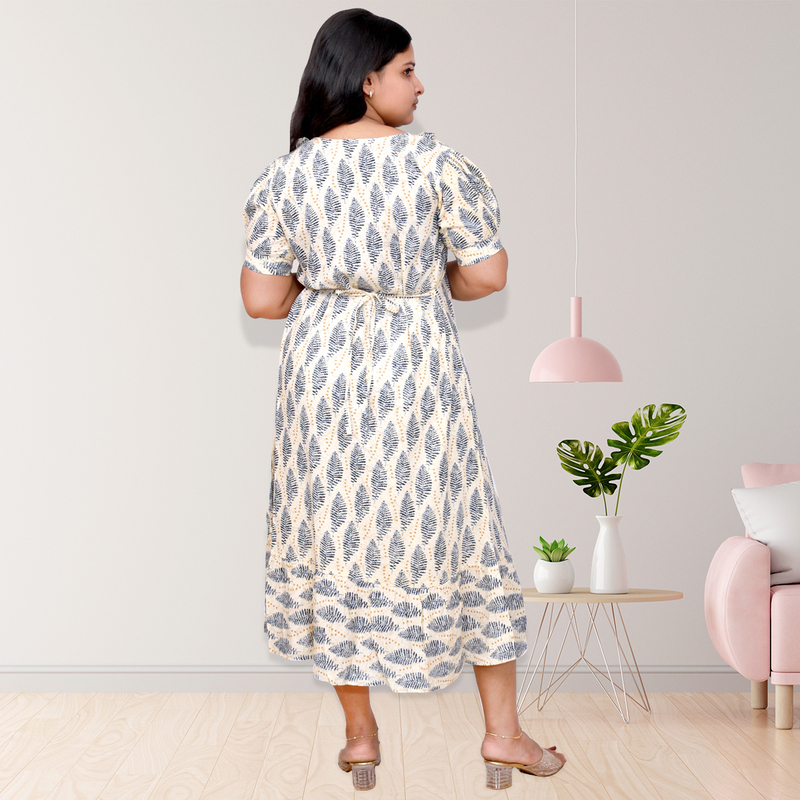 Riya premium reyon printed - white & blue leaf Frock Top