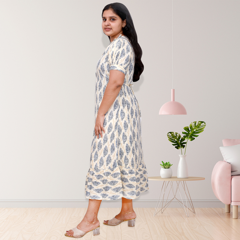 Riya premium reyon printed - white & blue leaf Frock Top