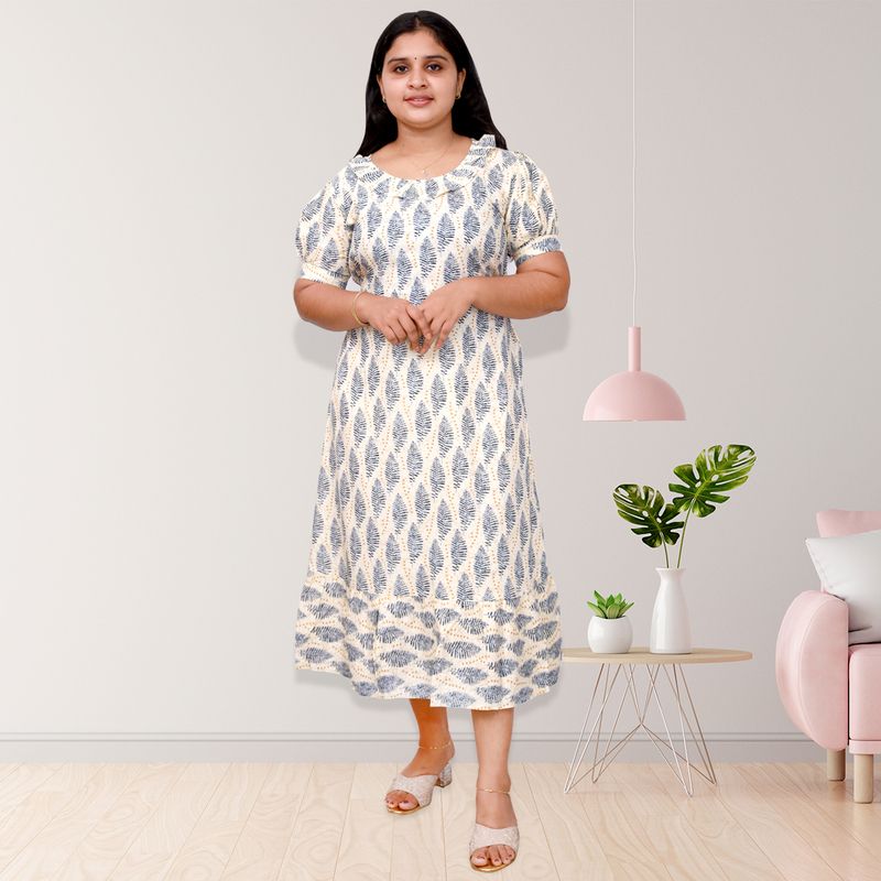 Riya premium reyon printed - white & blue leaf Frock Top