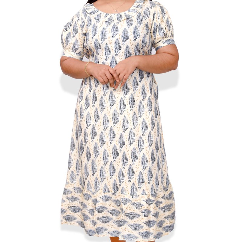 Riya premium reyon printed - white & blue leaf Frock Top