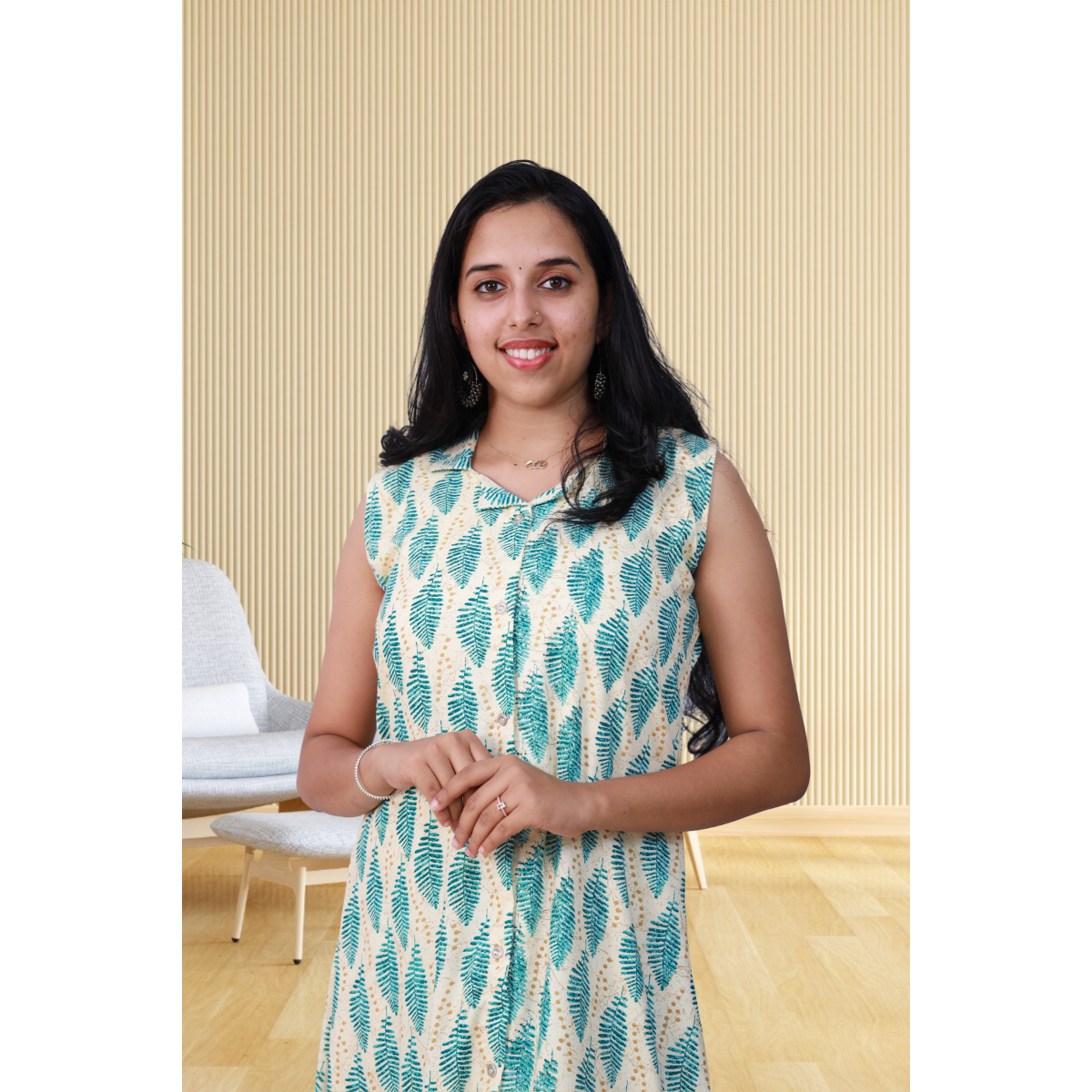 Shiya Sleeveless Aqua Green Leaf Print Shiya Sleeveless Aqua Green Leaf Print