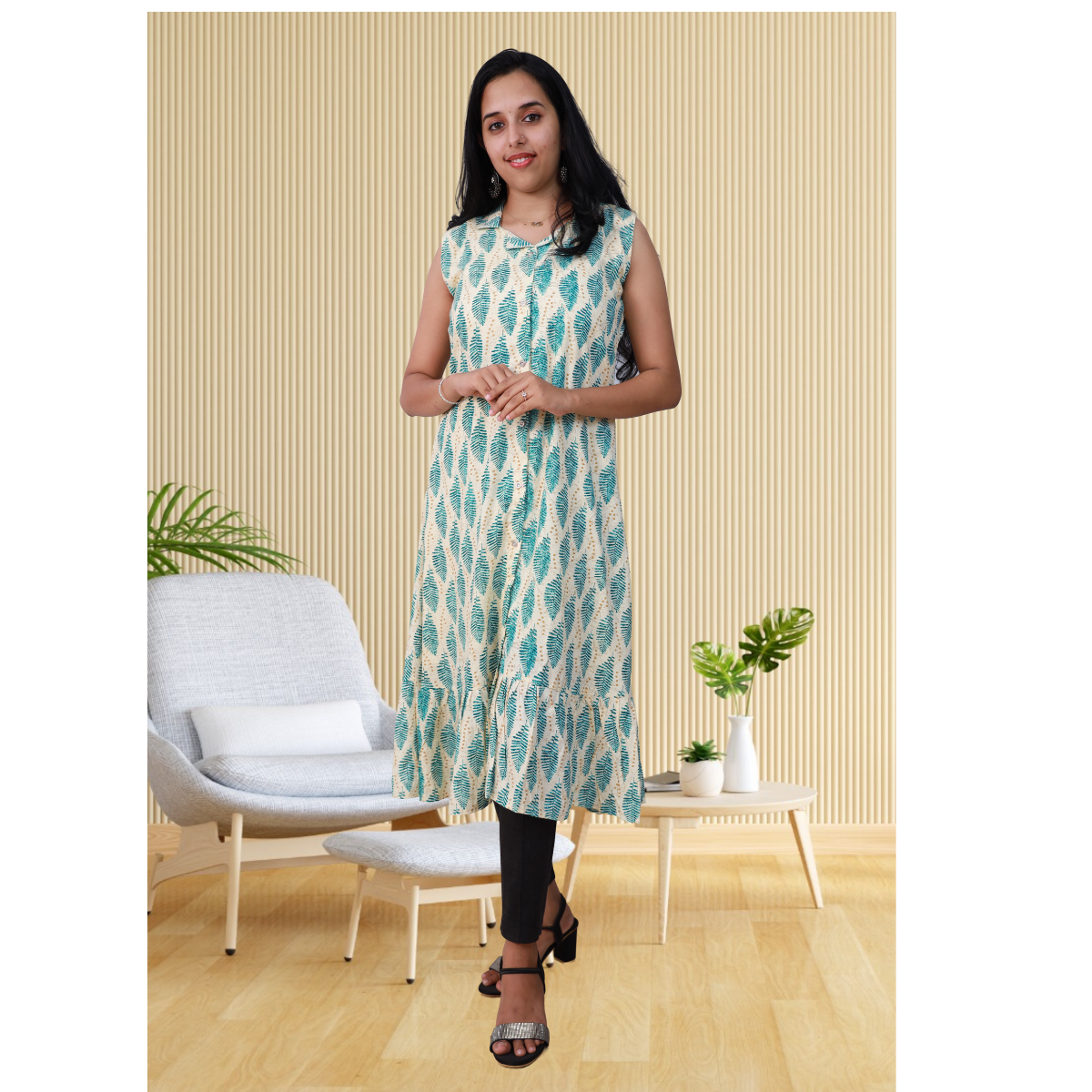 Shiya Sleeveless Aqua Green Leaf Print Shiya Sleeveless Aqua Green Leaf Print