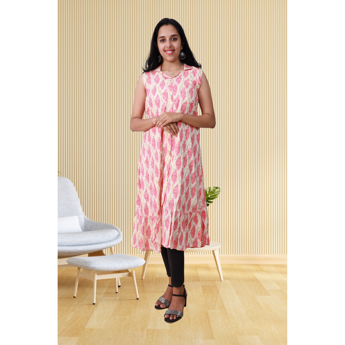 Shiya Sleeveless Pink Leafy Print Shiya Sleeveless Pink Leafy Print