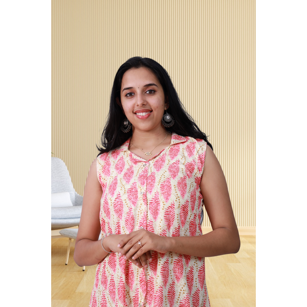 Shiya Sleeveless Pink Leafy Print Shiya Sleeveless Pink Leafy Print