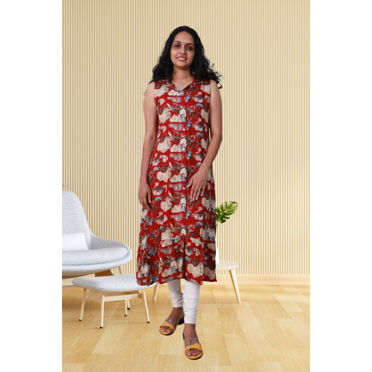 Angel feeling foil printed sleeveless A- line Red floral print Angel feeling foil printed sleeveless A- line Red floral print