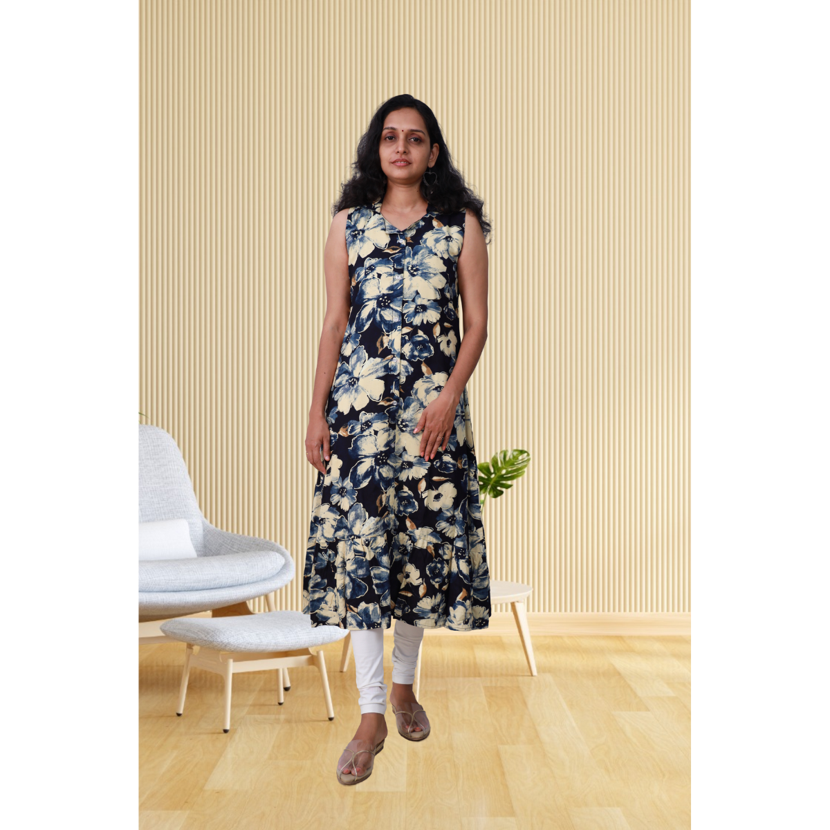 Angel feeling foil printed sleeveless A- line Blueberry print Angel feeling foil printed sleeveless A- line Blueberry print