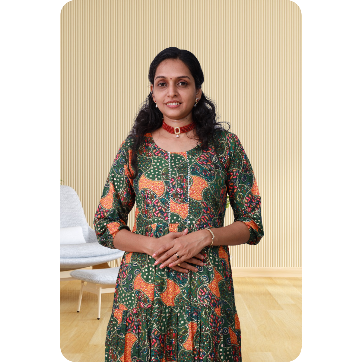 Miya Green and Orange Print Flare Top Miya Green and Orange Print Flare Top