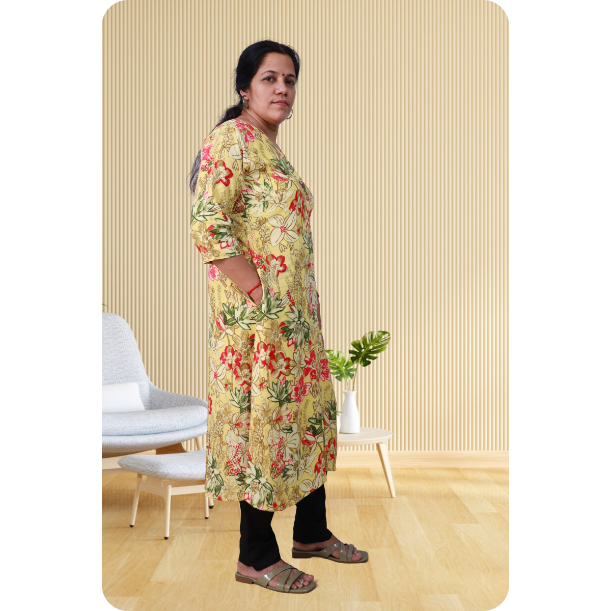 Ahalya Foil Printed Yellow & Pink Flower Print Ahalya Foil Printed Yellow & Pink Flower Print