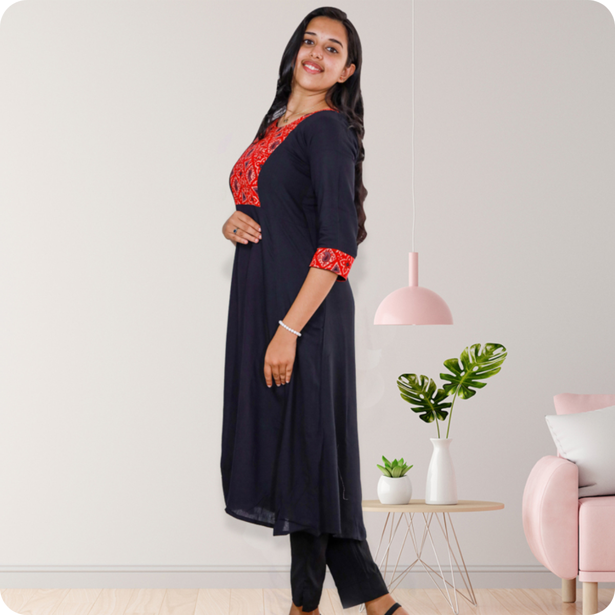 Anjali Wringle Rayon with Ajrakh Cotton Navy blue with Red Geometric Patch Top Anjali Wringle Rayon with Ajrakh Cotton Navy blue with Red Geometric Patch Top