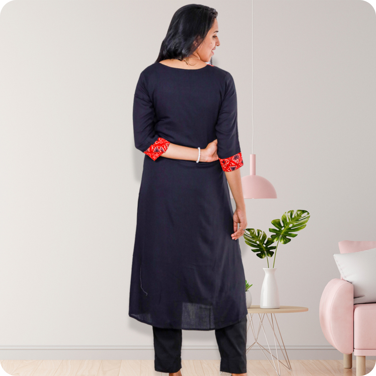 Anjali Wringle Rayon with Ajrakh Cotton Navy blue with Red Geometric Patch Top Anjali Wringle Rayon with Ajrakh Cotton Navy blue with Red Geometric Patch Top